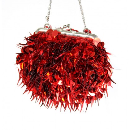 Evening Bag - 12 PCS - Sequined w/ Metal frame - Red - BG-21758RD